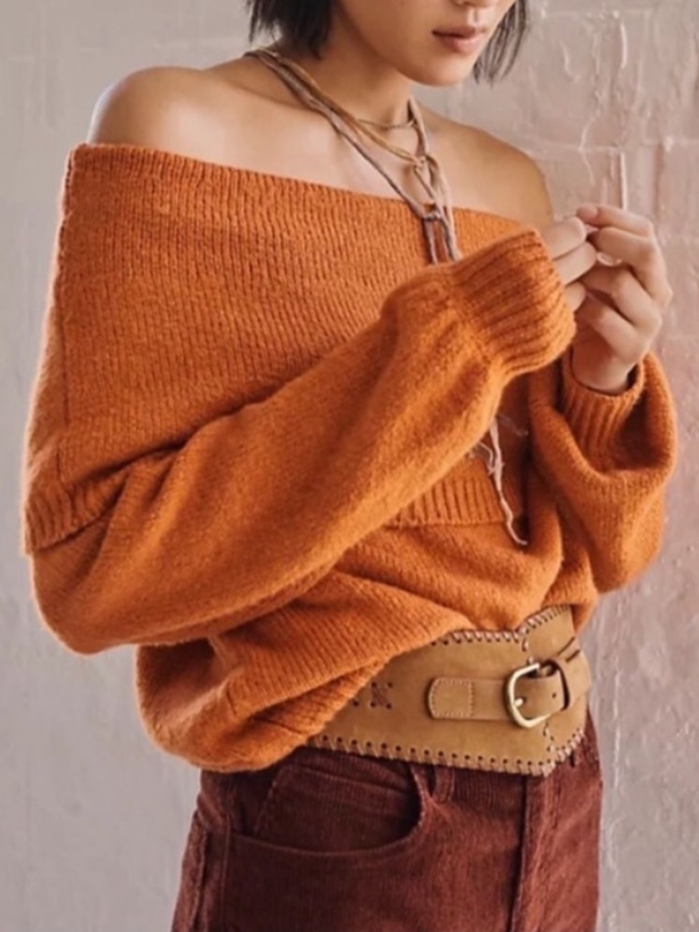 Anthropologie Slouchy Off Shoulder Cowl Neck Knit Sweater Burnt Orange